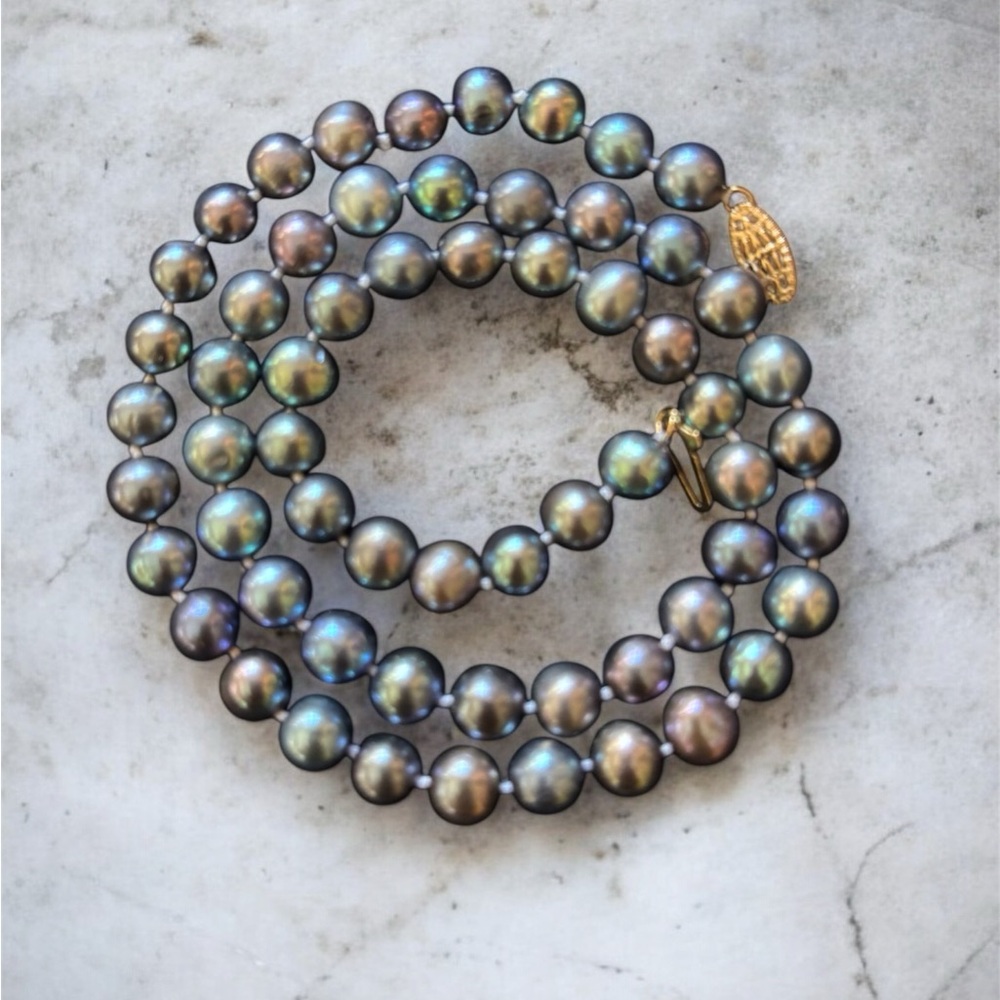 14k Gold Tahitian Culture Saltwater Black Peacock Pearl Estate Necklace